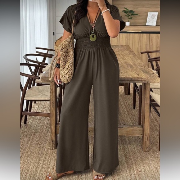 Brown Wide-Leg Jumpsuit - Picture 1 of 16